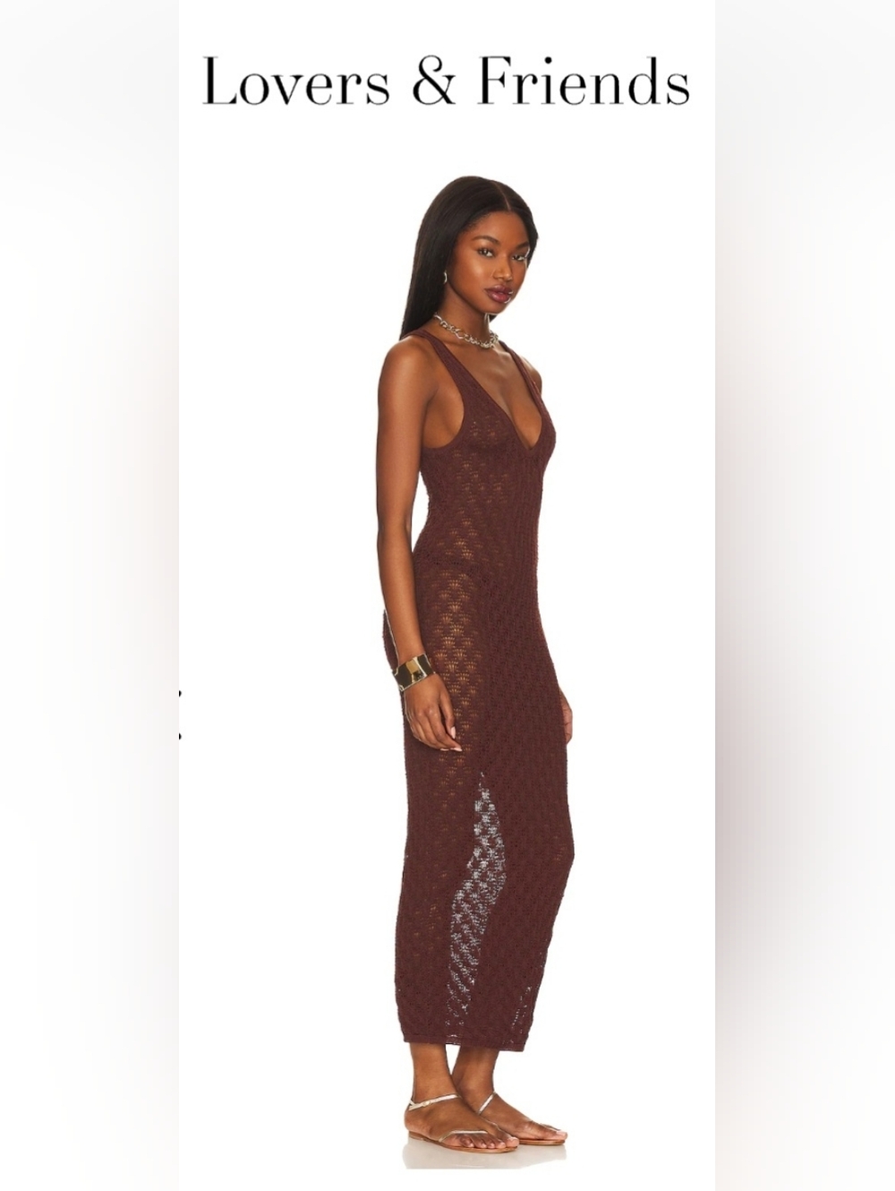 Lovers & Friends Manu Crochet Bodycon Maxi Dress Cover-up Chocolate Brown Sz L